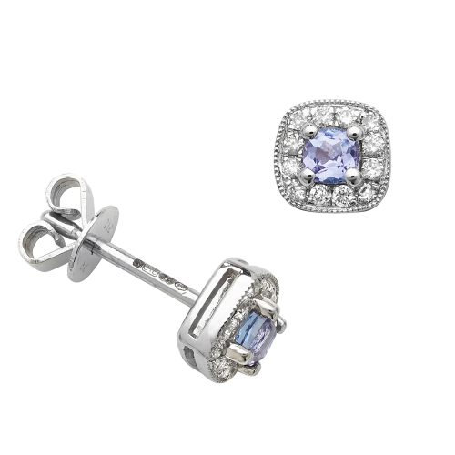 Round Shape Square Halo Diamond and Tanzanite Gemstone Earrings