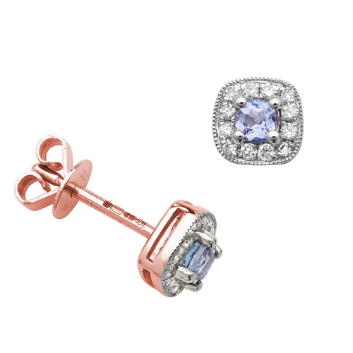 4 Prong Round Rose Gold 3mm cushion shaped halo diamond and Lab Grown Diamond Earrings