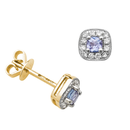 4 Prong Round Yellow Gold 3mm cushion shaped halo diamond and Lab Grown Diamond Earrings