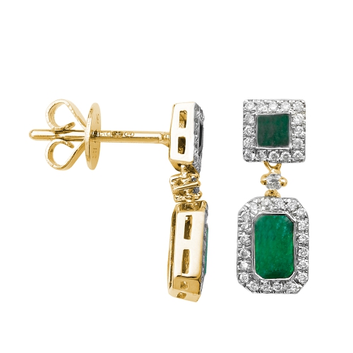 Rectangular Shape Halo Drop Diamond And Emerald Gemstone Earrings