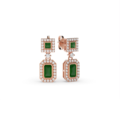 Bezel Setting Emerald Rose Gold Princess emerald halo diamond and Lab Grown Diamond Earrings