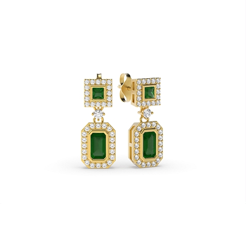 Bezel Setting Emerald Yellow Gold Princess emerald halo diamond and Lab Grown Diamond Earrings