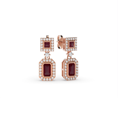 Bezel Setting Emerald Rose Gold Princess emerald halo diamond and Lab Grown Diamond Earrings