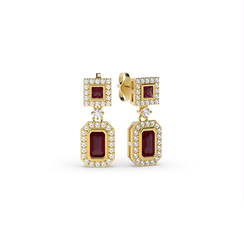 Bezel Setting Emerald Yellow Gold Princess emerald halo diamond and Lab Grown Diamond Earrings