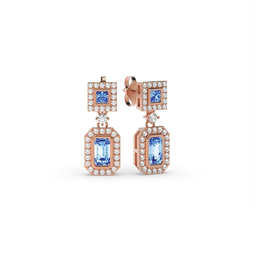 Bezel Setting Emerald Rose Gold Princess emerald halo diamond and Lab Grown Diamond Earrings