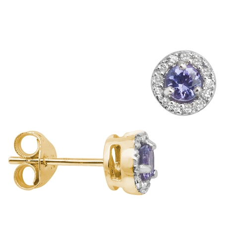 4 Prong Round Yellow Gold Halo diamond and Lab Grown Diamond Earrings