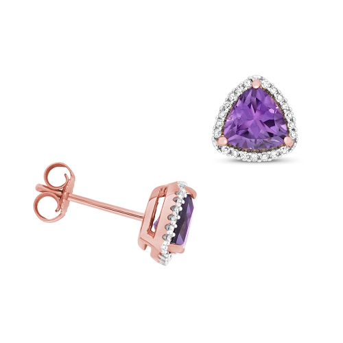 3 Prong Trillion Rose Gold 6mm halo diamond and Lab Grown Diamond Earrings