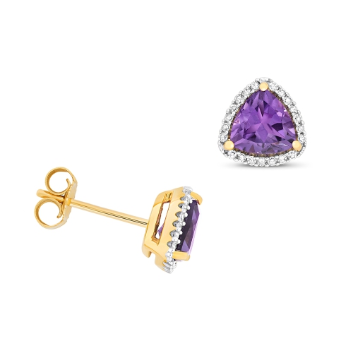 3 Prong Trillion Yellow Gold 6mm halo diamond and Lab Grown Diamond Earrings