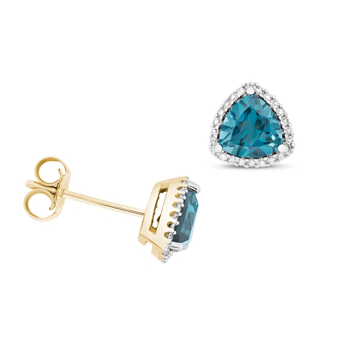 3 Prong Trillion Yellow Gold 6mm halo diamond and Lab Grown Diamond Earrings