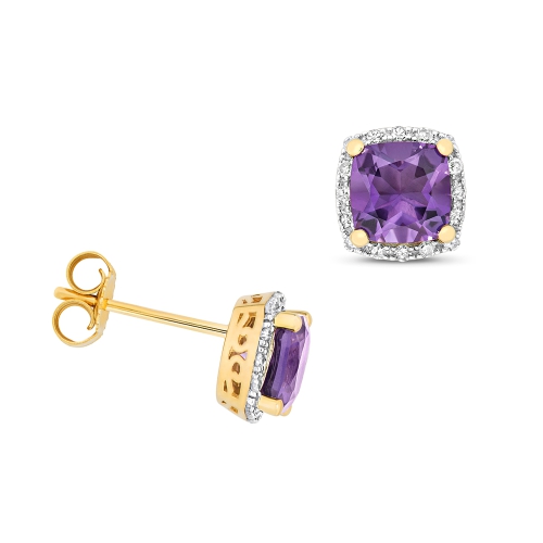 4 Prong Cushion Yellow Gold 6mm halo diamond and Lab Grown Diamond Earrings