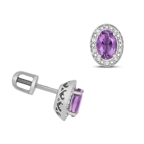 4 Prong Oval Amethyst Gemstone Diamond Earrings