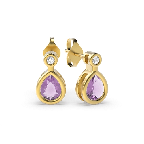 Prong Pear Yellow Gold 5x4mm rubover diamond and Lab Grown Diamond Earrings