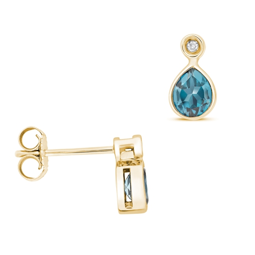 Pear Shape Drop Diamond And 5 X 4Mm Blue Topaz Gemstone Earrings