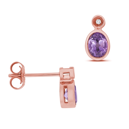 Bezel Setting Oval Rose Gold 5x4mm rubover diamond and Lab Grown Diamond Earrings