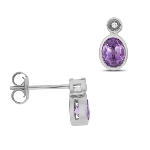 Bezel Setting Oval Silver 5x4mm rubover diamond and Lab Grown Gemstone Diamond Earrings