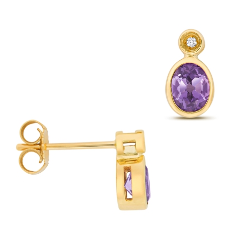 Bezel Setting Oval Yellow Gold 5x4mm rubover diamond and Lab Grown Diamond Earrings