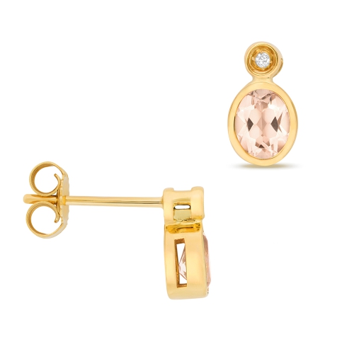 Bezel Setting Oval Yellow Gold 5x4mm rubover diamond and Lab Grown Diamond Earrings