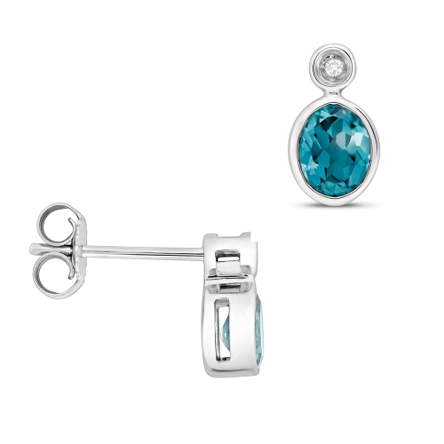 Bezel Setting Oval Blue Topaz Gemstone Diamond Earrings