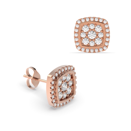 Pave Setting Round Rose Gold Cushion shaped halo cluster Stud Diamond Earrings