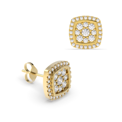 Pave Setting Round Yellow Gold Cushion shaped halo cluster Stud Diamond Earrings