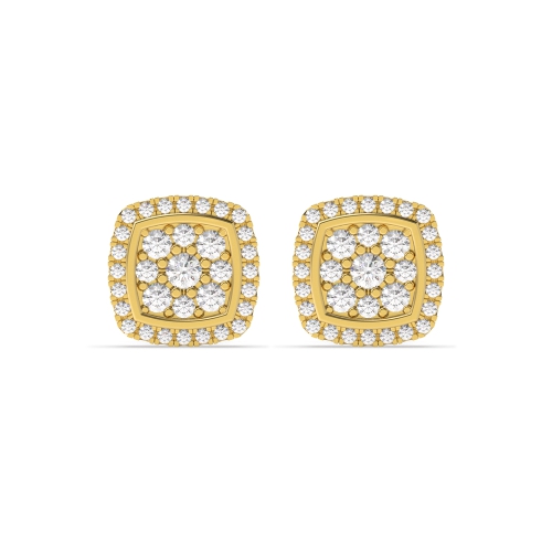 Pave Setting Round Yellow Gold Cushion shaped halo cluster Stud Diamond Earrings