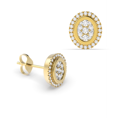 4 Prong Round Yellow Gold Halo and clustered Stud Diamond Earrings