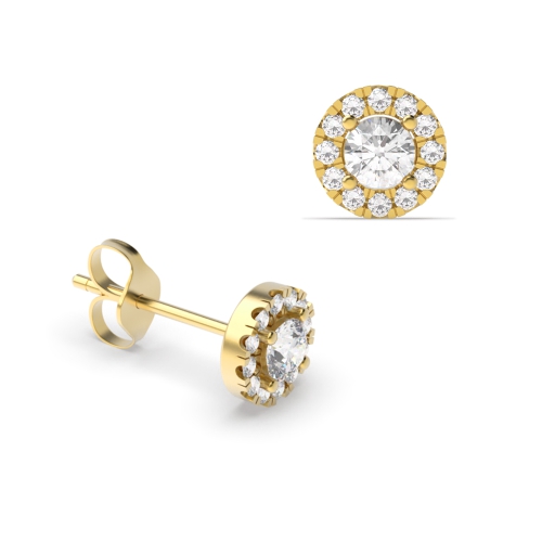 4 Prong Round Yellow Gold Glimmering Halo Stud Diamond Earrings