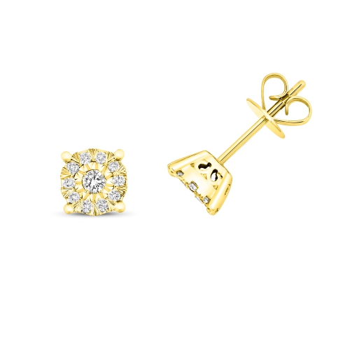 4 Prong Round Yellow Gold Nebula Stud Diamond Earrings