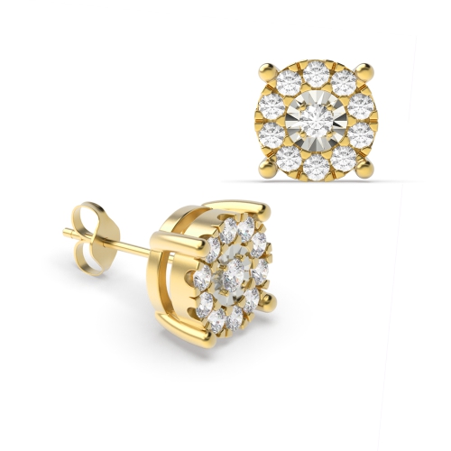 4 Prong Round Yellow Gold Glint orb Stud Diamond Earrings