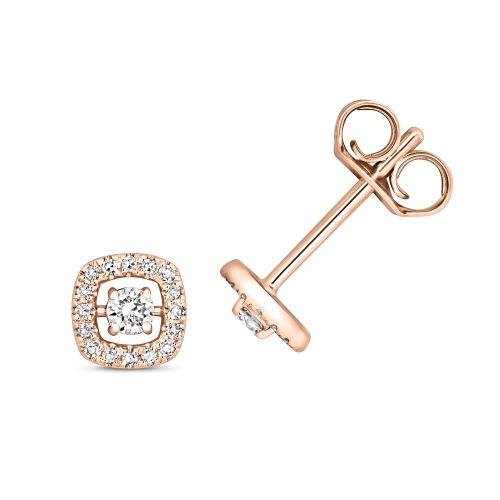 4 Prong Round Rose Gold Cushion shaped halo and clustered Stud Diamond Earrings