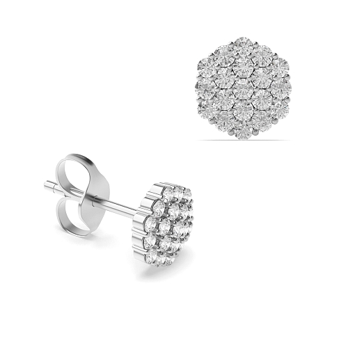 Pave Setting Round Silver Hexagon shaped Diamond Earrings