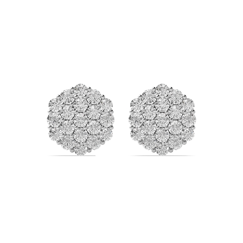 Pave Setting Round Silver Hexagon shaped Diamond Earrings