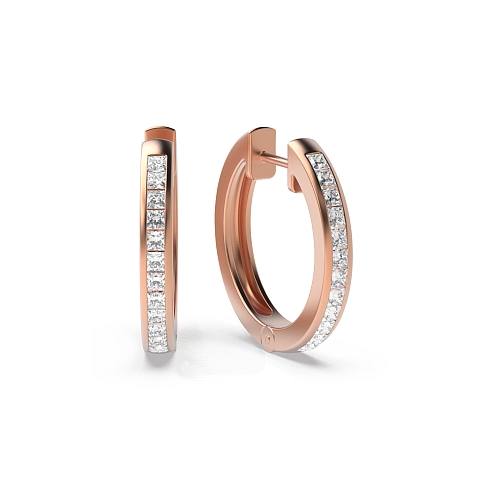 Channel Setting Princess Rose Gold Petit 17mm Hoop Diamond Earrings