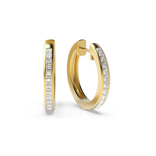 Channel Setting Princess Yellow Gold Petit 17mm Hoop Diamond Earrings