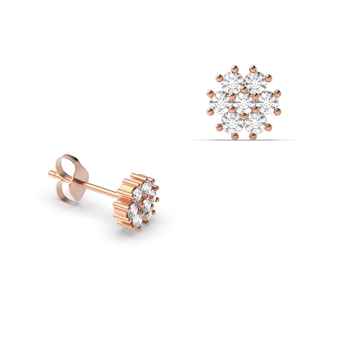 4 Prong Round Rose Gold Flower styled petit Diamond Earrings