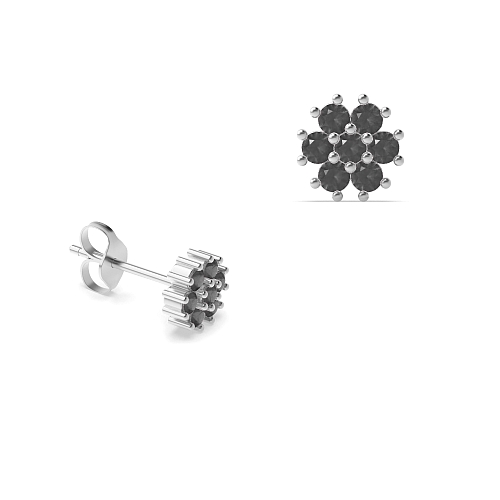 4 Prong Round Flower styled petit Black Diamond Earrings