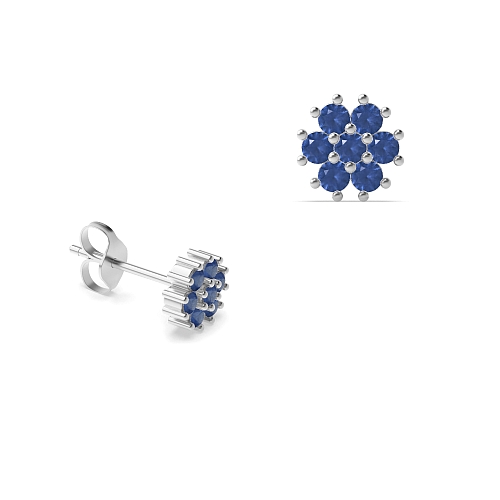 4 Prong Round Flower styled petit Blue Sapphire Diamond Earrings