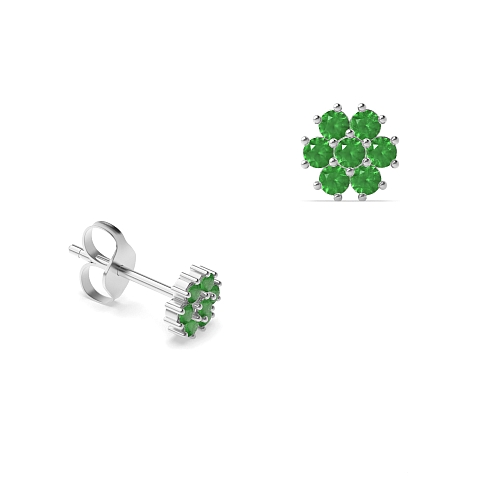4 Prong Round Flower styled petit Emerald Diamond Earrings