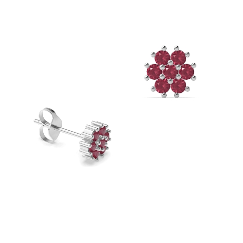 4 Prong Round Flower styled petit Ruby Diamond Earrings
