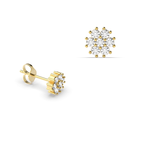 4 Prong Round Yellow Gold Flower styled petit Diamond Earrings