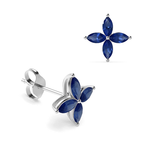4 Prong Marquise Star cluster Blue Sapphire Diamond Earrings