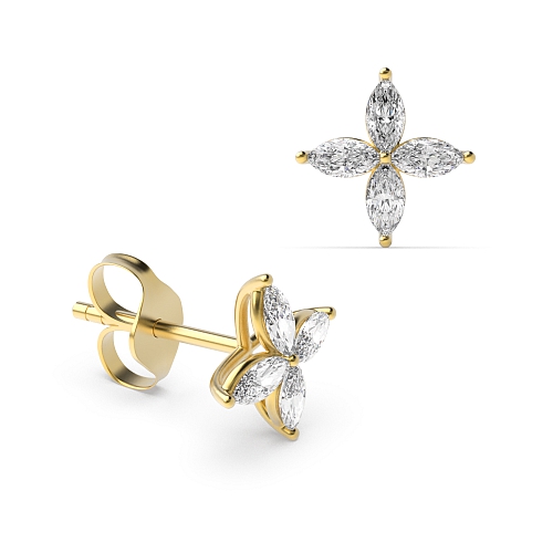 4 Prong Marquise Yellow Gold Star cluster Diamond Earrings
