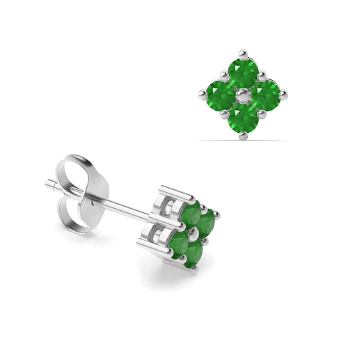 4 Prong Round Cluster Emerald Diamond Earrings
