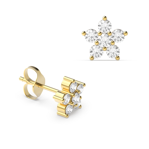 3 Prong Round Yellow Gold Star cluster Diamond Earrings