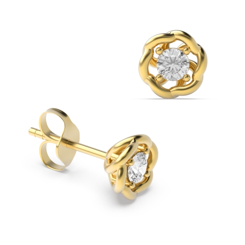 4 Prong Round Yellow Gold Swirly Stud Diamond Earrings