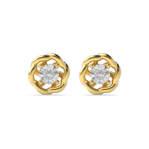 4 Prong Round Yellow Gold Swirly Stud Diamond Earrings