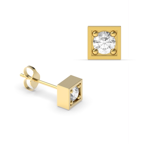 4 Prong Round Yellow Gold Square Diamond Earrings