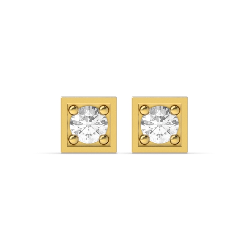 4 Prong Round Yellow Gold Square Diamond Earrings