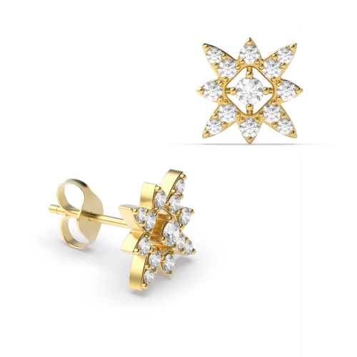 Pave Setting Round Yellow Gold Flower Diamond Earrings