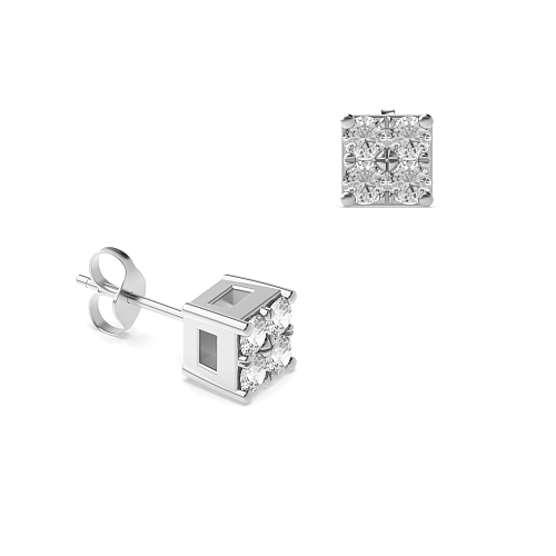 Pave Setting Round Silver Square cluster Diamond Earrings